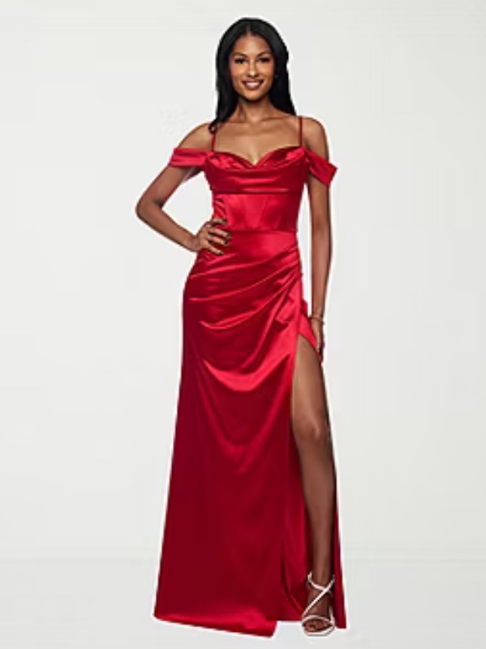 Juniors Red Satin Off-Shoulder Evening Gown